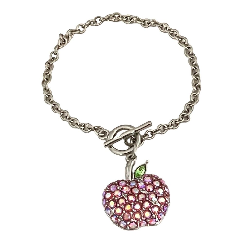 New Apple Charm Bracelet Silver Tone Crystal Toggle Teacher Gift - 11Y - Picture 3 of 4